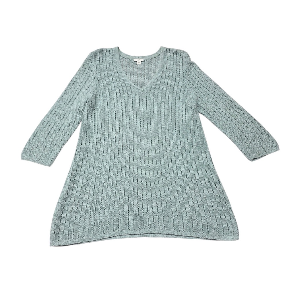 J.Jill Sweater Women L Blue Green V-Neck Crochet Knit Cotton 3/4 Sleeve Tunic